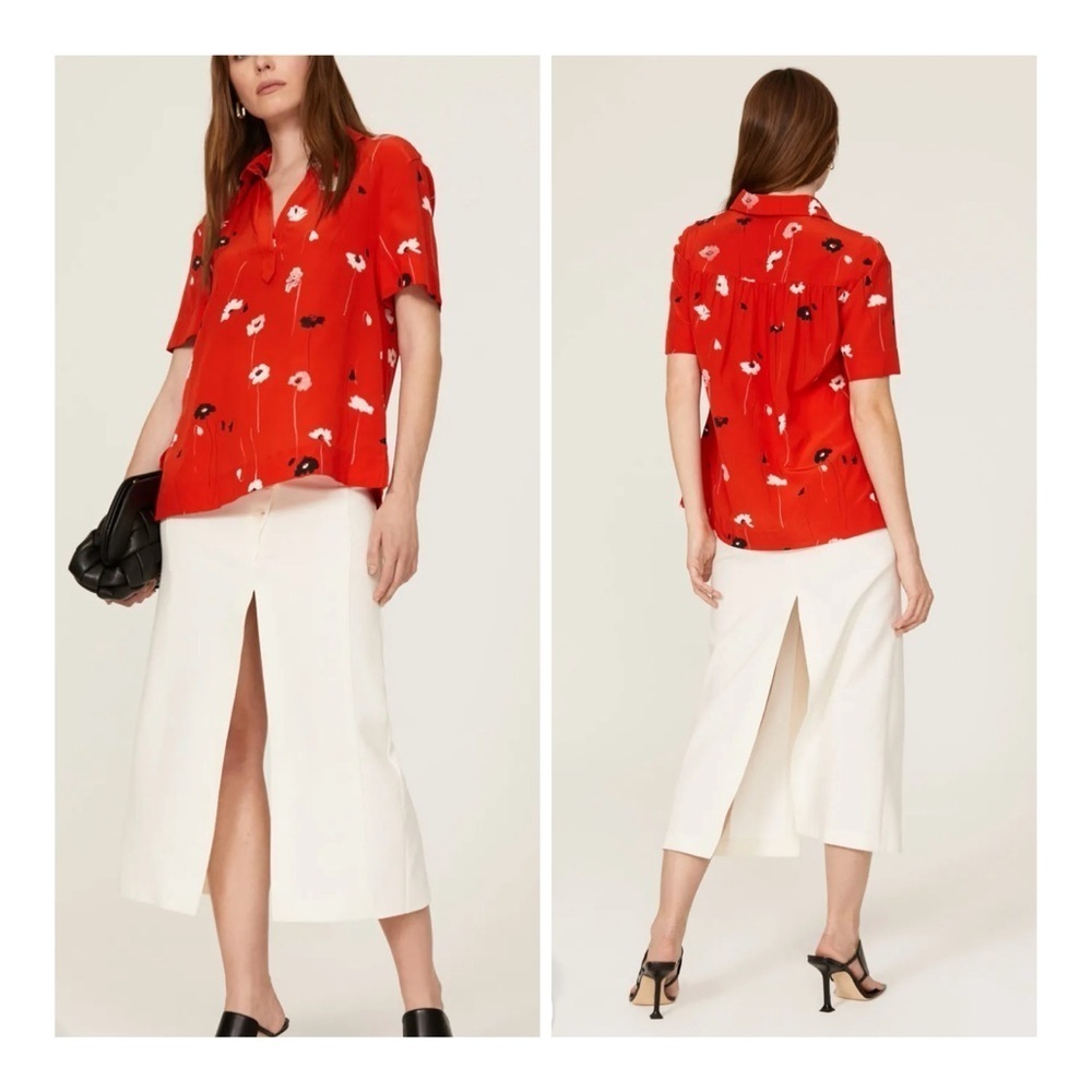 Jason Wu Size 4 100% Silk Red Tossed Blossoms Collared Silk Short Sleeve Blouse